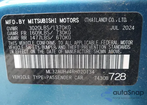 2024 Mitsubishi Mirage Es/Le из США, поврежденный, VIN ML32AUHJ4RH020134